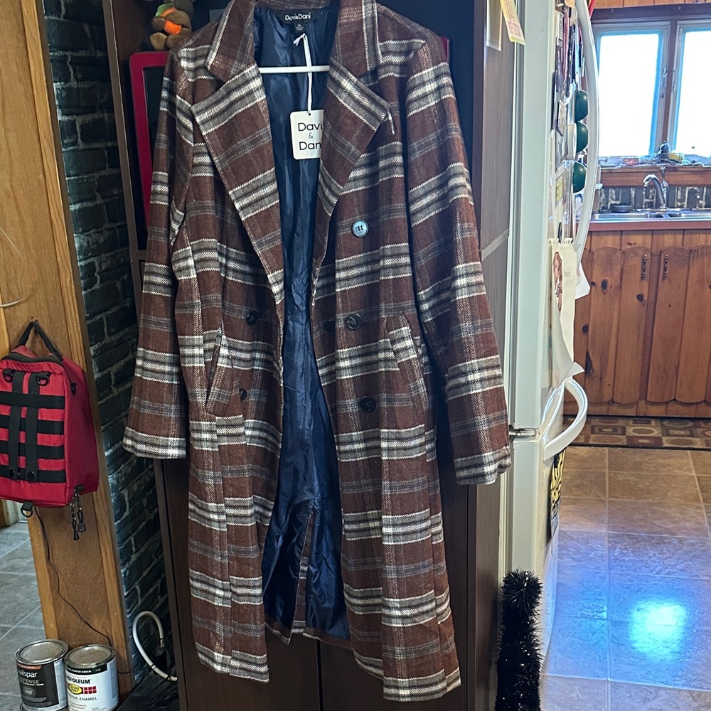 NWT Davi &Dani Brown Plaid Double-Breasted Coat